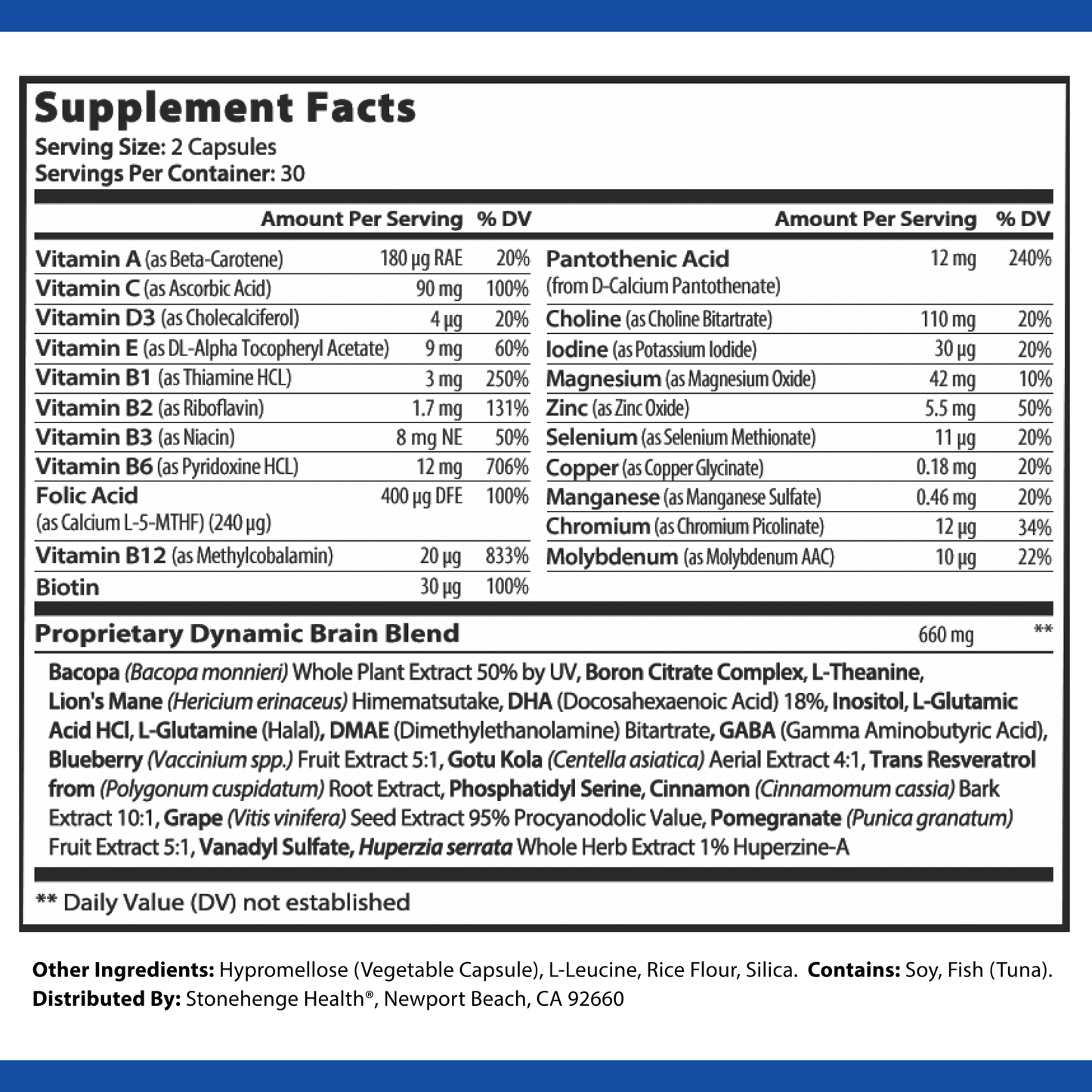 Stonehenge Health Dynamic Brain Nootropic Supplement For Enhanced Memory, Focus, & Learning, 60 Caps